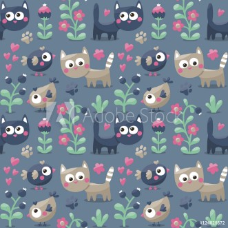 Bild på Seamless cute winter pattern made with cats flowers plants footmark hearts berries